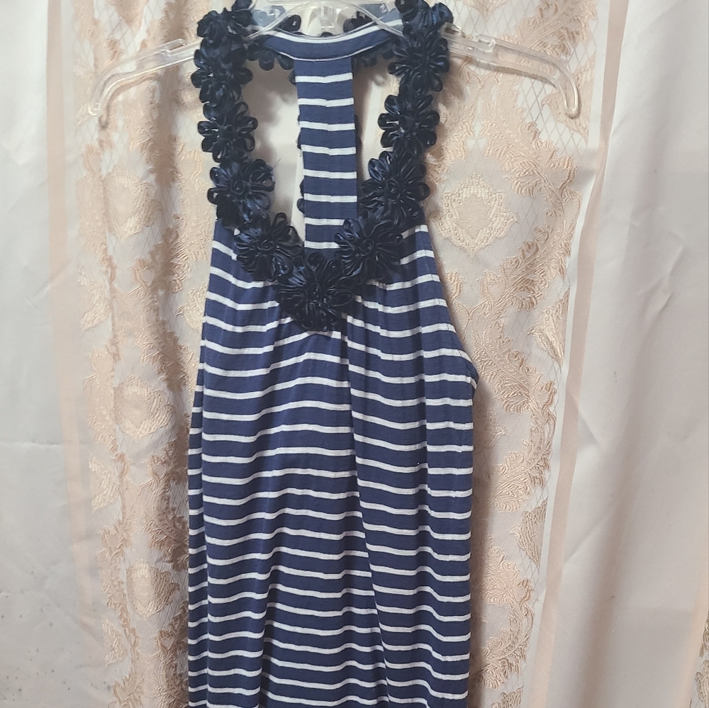 Women Ink international concepts dark  blue white striped floral  Sleeveless Top